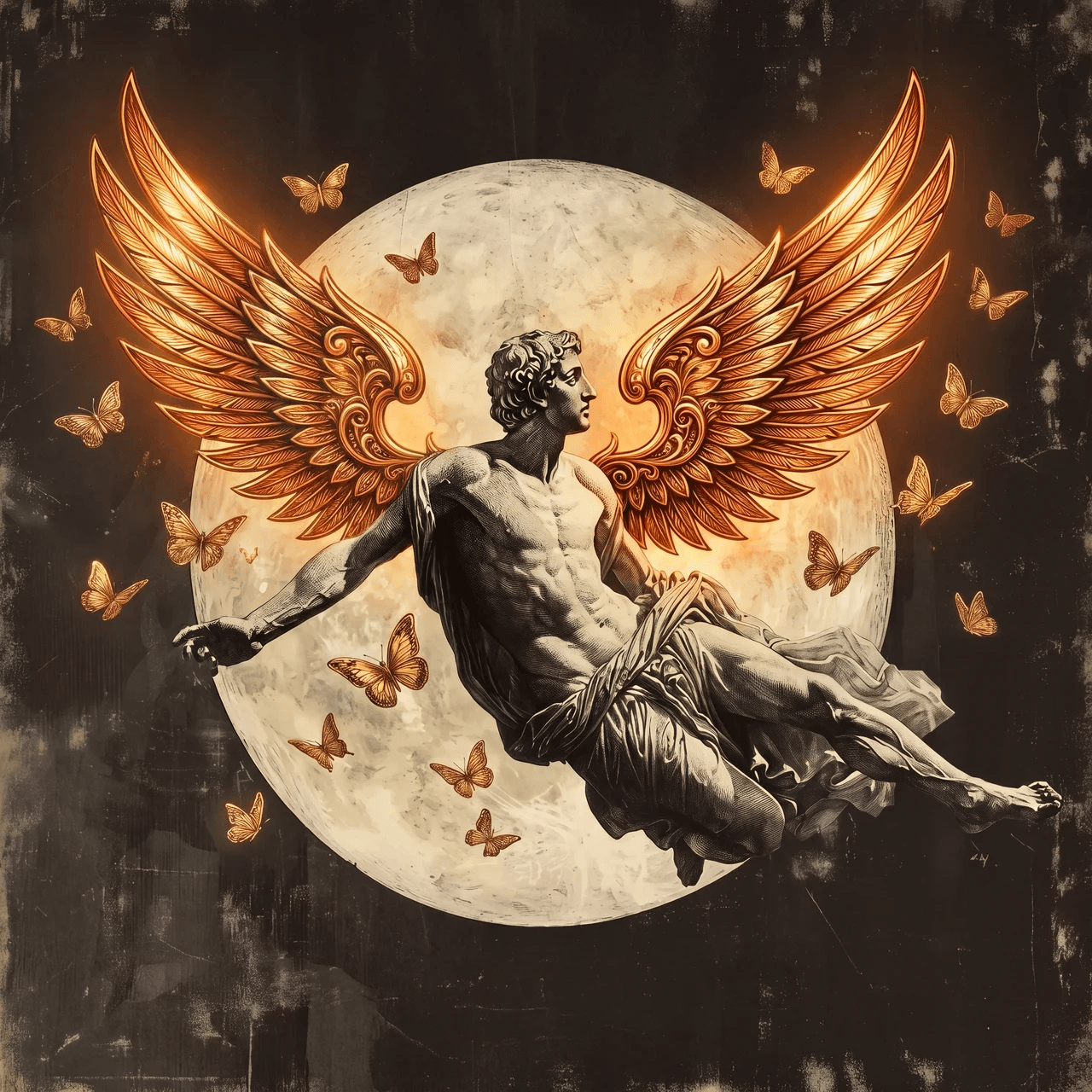 Icarus in flight, wings of ember, among gold butterflies before a pale moon